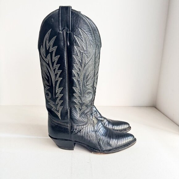 Vintage Justin Black Embroidered Cowboy Tall Boots 6B - Picture 2 of 8
